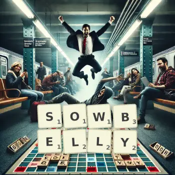 Creative illustration for a Scrabble game with the word SOWBELLY spelled out in tiles on the board.