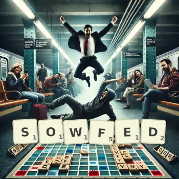 Creative illustration for a Scrabble game with the word SOWFED spelled out in tiles on the board.