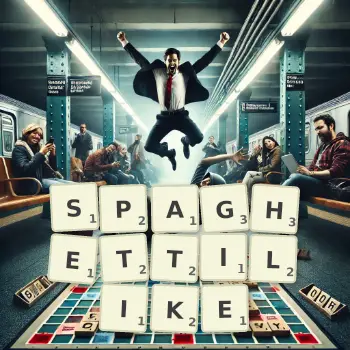 Creative illustration for a Scrabble game with the word SPAGHETTILIKE spelled out in tiles on the board.