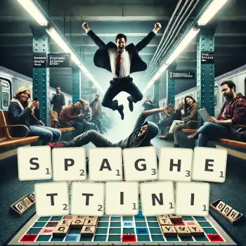 Creative illustration for a Scrabble game with the word SPAGHETTINI spelled out in tiles on the board.