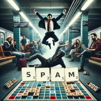 Creative illustration for a Scrabble game with the word SPAM spelled out in tiles on the board.