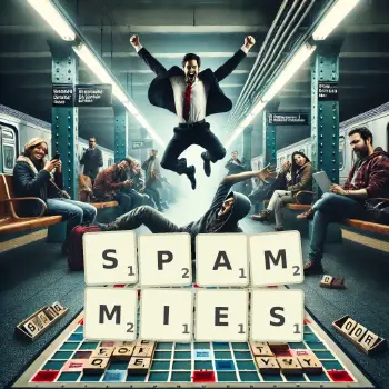Creative illustration for a Scrabble game with the word SPAMMIES spelled out in tiles on the board.