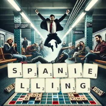Creative illustration for a Scrabble game with the word SPANIELLING spelled out in tiles on the board.