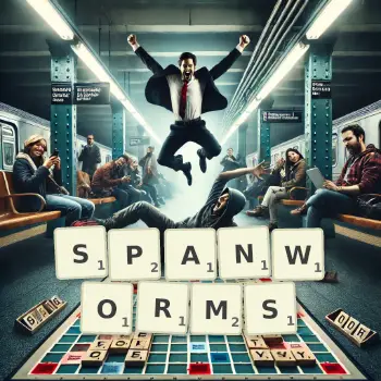 Creative illustration for a Scrabble game with the word SPANWORMS spelled out in tiles on the board.