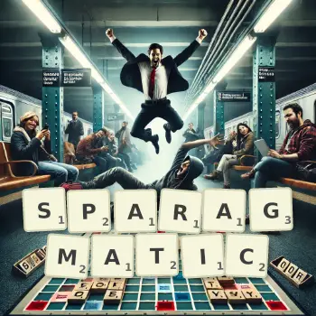 Creative illustration for a Scrabble game with the word SPARAGMATIC spelled out in tiles on the board.