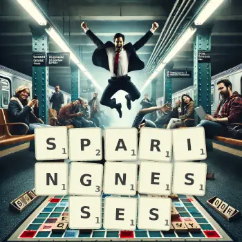 Creative illustration for a Scrabble game with the word SPARINGNESSES spelled out in tiles on the board.