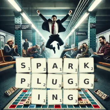 Creative illustration for a Scrabble game with the word SPARKPLUGGING spelled out in tiles on the board.