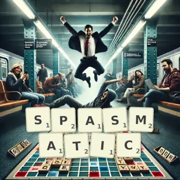 Creative illustration for a Scrabble game with the word SPASMATIC spelled out in tiles on the board.