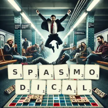 Creative illustration for a Scrabble game with the word SPASMODICAL spelled out in tiles on the board.