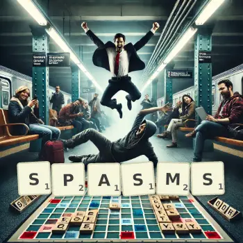 Creative illustration for a Scrabble game with the word SPASMS spelled out in tiles on the board.