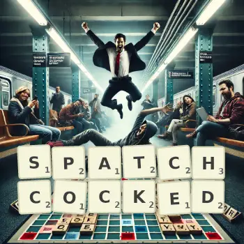 Creative illustration for a Scrabble game with the word SPATCHCOCKED spelled out in tiles on the board.