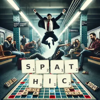 Creative illustration for a Scrabble game with the word SPATHIC spelled out in tiles on the board.