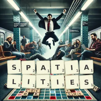 Creative illustration for a Scrabble game with the word SPATIALITIES spelled out in tiles on the board.