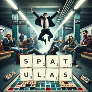 Creative illustration for a Scrabble game with the word SPATULAS spelled out in tiles on the board.