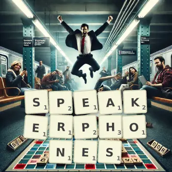 Creative illustration for a Scrabble game with the word SPEAKERPHONES spelled out in tiles on the board.