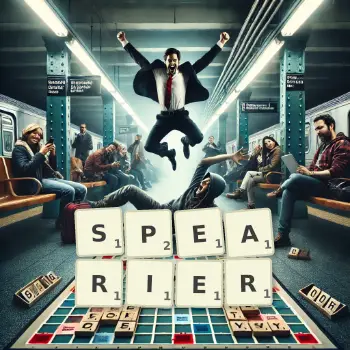 Creative illustration for a Scrabble game with the word SPEARIER spelled out in tiles on the board.