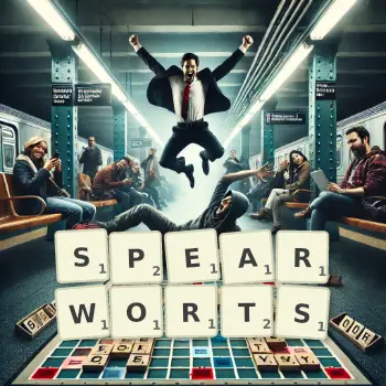 Creative illustration for a Scrabble game with the word SPEARWORTS spelled out in tiles on the board.