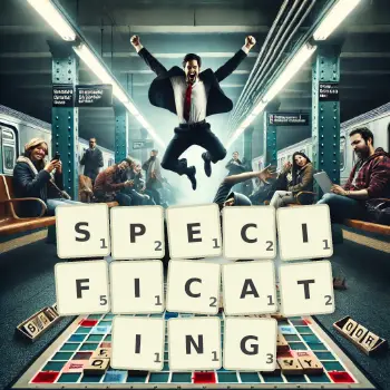 Creative illustration for a Scrabble game with the word SPECIFICATING spelled out in tiles on the board.