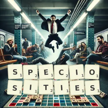 Creative illustration for a Scrabble game with the word SPECIOSITIES spelled out in tiles on the board.