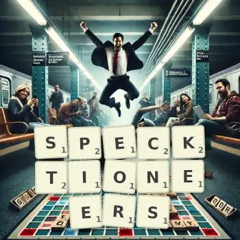 Creative illustration for a Scrabble game with the word SPECKTIONEERS spelled out in tiles on the board.