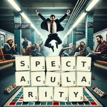 Creative illustration for a Scrabble game with the word SPECTACULARITY spelled out in tiles on the board.