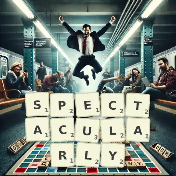 Creative illustration for a Scrabble game with the word SPECTACULARLY spelled out in tiles on the board.