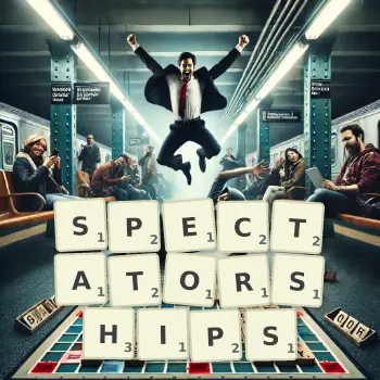 Creative illustration for a Scrabble game with the word SPECTATORSHIPS spelled out in tiles on the board.