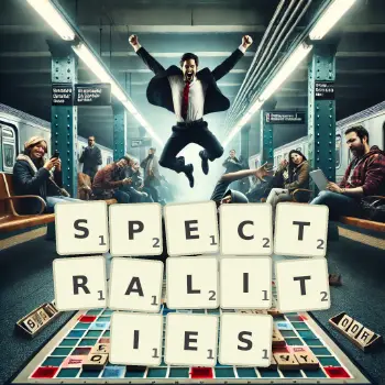 Creative illustration for a Scrabble game with the word SPECTRALITIES spelled out in tiles on the board.