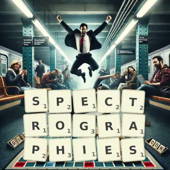 Creative illustration for a Scrabble game with the word SPECTROGRAPHIES spelled out in tiles on the board.