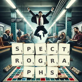 Creative illustration for a Scrabble game with the word SPECTROGRAPHS spelled out in tiles on the board.