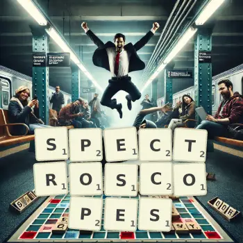 Creative illustration for a Scrabble game with the word SPECTROSCOPES spelled out in tiles on the board.