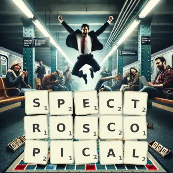 Creative illustration for a Scrabble game with the word SPECTROSCOPICAL spelled out in tiles on the board.