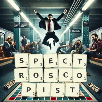 Creative illustration for a Scrabble game with the word SPECTROSCOPIST spelled out in tiles on the board.