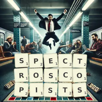 Creative illustration for a Scrabble game with the word SPECTROSCOPISTS spelled out in tiles on the board.