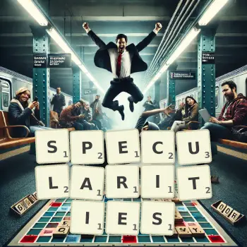 Creative illustration for a Scrabble game with the word SPECULARITIES spelled out in tiles on the board.