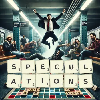 Creative illustration for a Scrabble game with the word SPECULATIONS spelled out in tiles on the board.