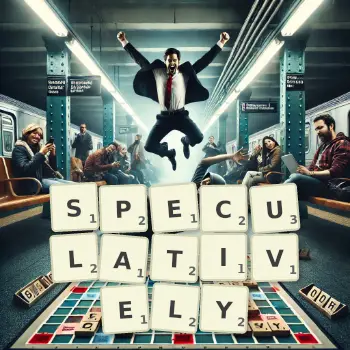 Creative illustration for a Scrabble game with the word SPECULATIVELY spelled out in tiles on the board.