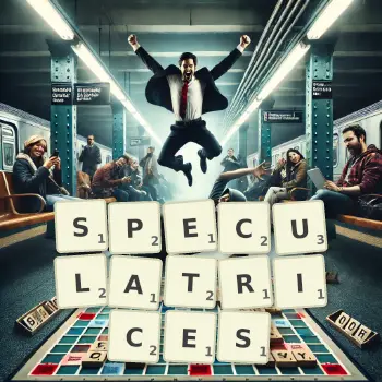Creative illustration for a Scrabble game with the word SPECULATRICES spelled out in tiles on the board.