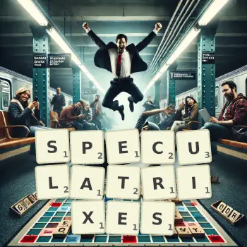 Creative illustration for a Scrabble game with the word SPECULATRIXES spelled out in tiles on the board.