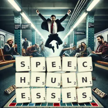 Creative illustration for a Scrabble game with the word SPEECHFULNESSES spelled out in tiles on the board.