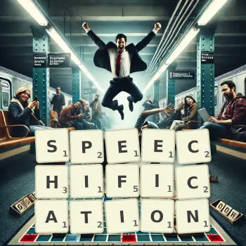 Creative illustration for a Scrabble game with the word SPEECHIFICATION spelled out in tiles on the board.