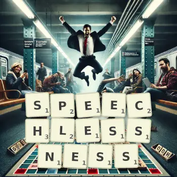 Creative illustration for a Scrabble game with the word SPEECHLESSNESS spelled out in tiles on the board.