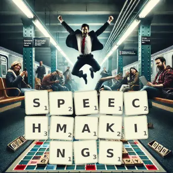Creative illustration for a Scrabble game with the word SPEECHMAKINGS spelled out in tiles on the board.