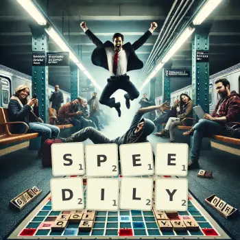 Creative illustration for a Scrabble game with the word SPEEDILY spelled out in tiles on the board.