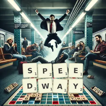 Creative illustration for a Scrabble game with the word SPEEDWAY spelled out in tiles on the board.