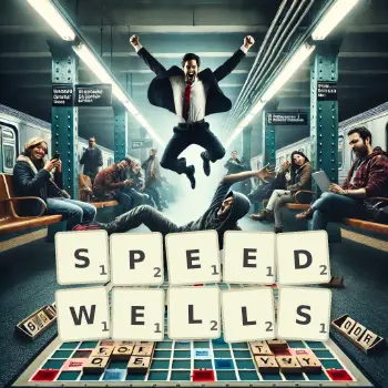 Creative illustration for a Scrabble game with the word SPEEDWELLS spelled out in tiles on the board.