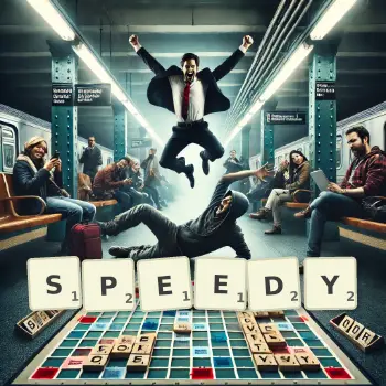 Creative illustration for a Scrabble game with the word SPEEDY spelled out in tiles on the board.