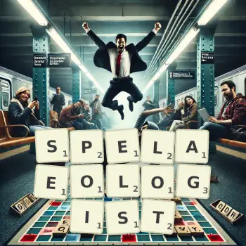 Creative illustration for a Scrabble game with the word SPELAEOLOGIST spelled out in tiles on the board.