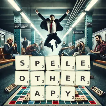 Creative illustration for a Scrabble game with the word SPELEOTHERAPY spelled out in tiles on the board.