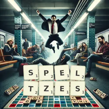 Creative illustration for a Scrabble game with the word SPELTZES spelled out in tiles on the board.
